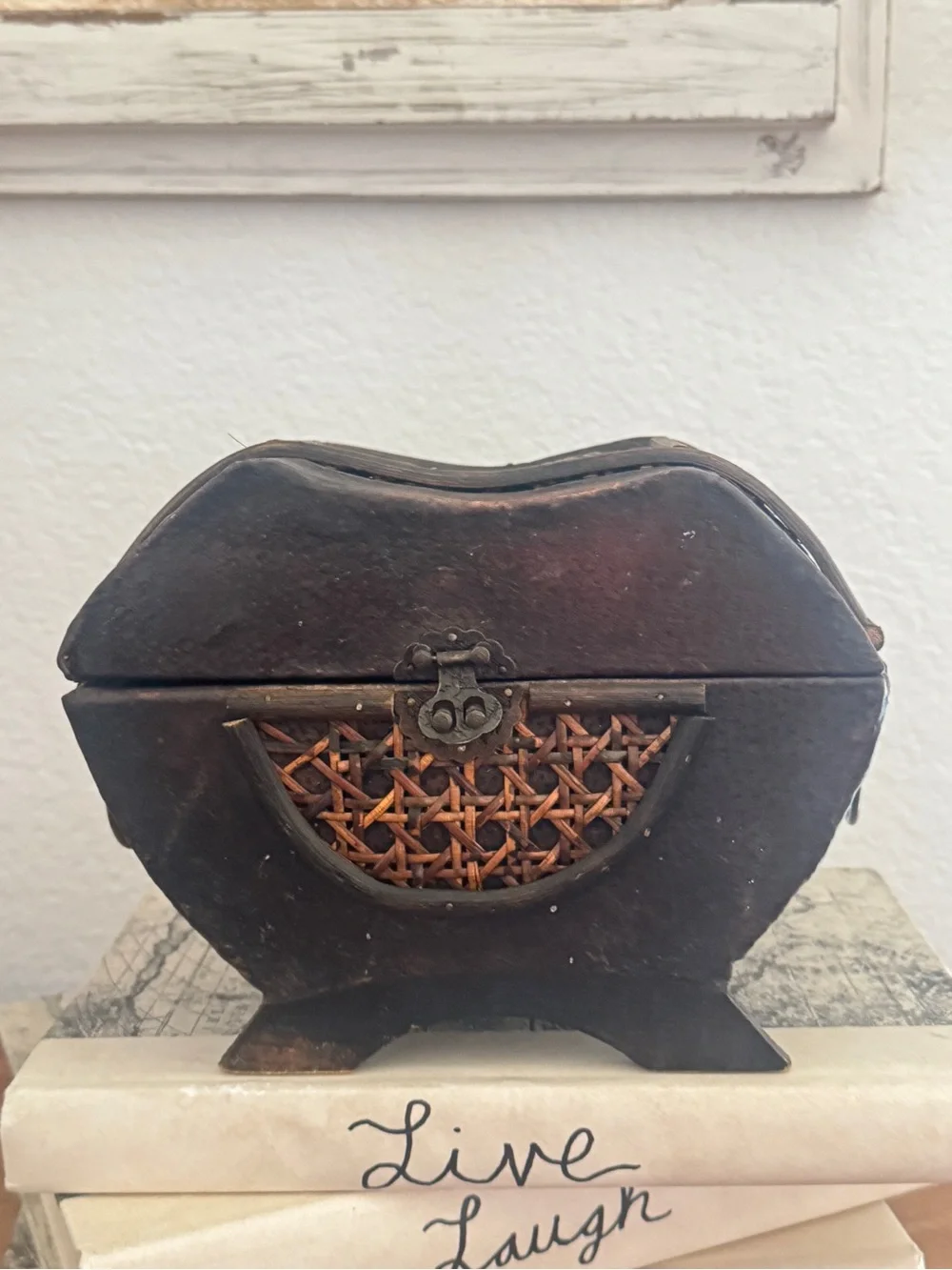 Vintage Inspired Brown Decorative Wicker Wood Chest Box Woven Accent